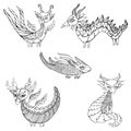 Set of five fantasy Dragons coloring page for kids and adults, isolated on white