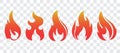 Set of five fire icons for your design. Blazing flame, fire, bonfire vector illustration in flat style Royalty Free Stock Photo