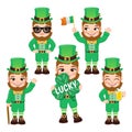 Set of five funny leprechauns in different poses. Saint Patrick s Day vector