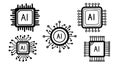 Set of five hand drawn black and white artificial intelligence ai chip icons with various circuit designs technology concept Royalty Free Stock Photo