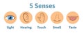 Set of five human senses icon: vision, hearing, smell, hearing, touch, taste. Eye, ear, hand, nose and mouth with tongue