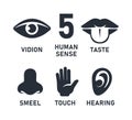 Set of five human senses. Vision, hearing, smell, taste and touch. Vector illustration Royalty Free Stock Photo