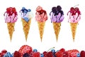 Ice cream  blackberry, strawberry, raspberry, blueberry, cherry in a waffle cone and mix berries Royalty Free Stock Photo