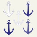 Set of five icons of ship anchors. Isolated vector illustration on gray background.