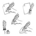 set of five illustrations with hand holding feather pen, Royalty Free Stock Photo