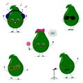 A set of five Kawaii cute avocado fruit in a cartoon style. In headphones, in sunglasses, dancing in glasses , with a flower,