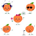 A set of five Kawaii cute peach fruit in a cartoon style. In headphones, in sunglasses, dancing in glasses , with a