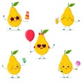 A set of five Kawaii cute yellow pear fruit in cartoon style. In glasses with ice cream, with a balloon, with a lollipop, with