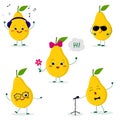 A set of five Kawaii cute yellow pear fruit in a cartoon style. In headphones, in sunglasses, dancing in glasses , with a flower,