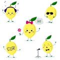 A set of five lemon character in different poses in a cartoon style.