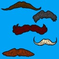 Set, five male retro mustaches. Sketch scratch board color.