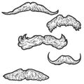 Set, five male retro mustaches. Sketch scratch board imitation coloring.