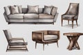 Set of five modern furniture for living room isolated on white background, gray and brown, minimalism, watercolor