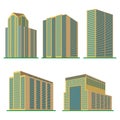 Set of five modern high-rise building on a white background