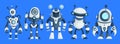 Set of Five Modern Robots Isolated on Blue Background Cute Character Cartoon Artificial Intelligence Concept Flat Vector