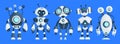 Set of Five Modern Robots Isolated on Blue Background Cute Character Cartoon Artificial Intelligence Concept Flat Vector