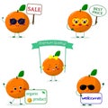 A set of five oranges Smiley in different poses in a cartoon style.