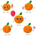 A set of five oranges Smiley in different poses in a cartoon style.