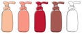 A set of five outline bottles drawn with one line with dispensers with colored substrates and one without it on a white background