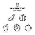 Set of five outline Healthy Food icons, vegetable symbols, vector pictograms