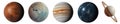 Set of five planets. Isolation on a white background. Astronomical objects drawn on paper. Multicolored orbs