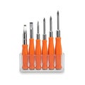 Set of five precision screwdrivers in clear plastic storage case with orange handles Royalty Free Stock Photo