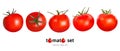 Set of five red fresh juicy ripe tomatoes on white background