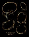 Set of five rich decorated, elegant gold oval frames on a black background