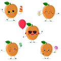 A set of five ripe apricot Smiley in cartoon style. In glasses with ice cream, with a balloon, with a lollipop, with