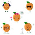 A set of five ripe apricot Smiley in a cartoon style. In headphones, in sunglasses, dancing in glasses , with a flower