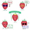 A set of five ripe raspberries berry Smiley in cartoon style. With different plates and glasses. Logo, template, design. Flat,