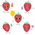 A set of five ripe raspberries berry Smiley in cartoon style. In glasses with ice cream, with a balloon, with a lollipop, with