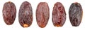 Set of five semi-dry dates, or date palm fruits isolated on white background. File contains clipping paths