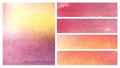 A set of five textured gradient backgrounds. A soft transition of color from violet to pink from yellow to carmine