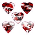 Set of five textured hearts. Red - white - black texture. Elements are isolated on a white background.