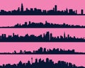 Set of five urban blue silhouettes, city, vector.