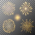 Set of five fireworks bursting in various shapes. Firework explosion in night. Firecracker rockets bursting in big sparkling star Royalty Free Stock Photo