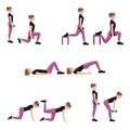 Set of five vector illustrations of glute exercises and workouts.