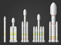 Set of the five vector realistic rockets isolated on dark transparent background. Light, medium and heavy rocket