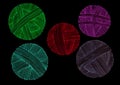 Set of five vibrant colored circles, yarn balls with linear thread texture on a black background. Watercolor hand drawn. Royalty Free Stock Photo
