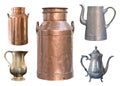 Set of five vintage containers. Brass milk cans, aluminum and metal kettles and a copper jug Royalty Free Stock Photo