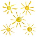 Set of five watercolor illustrations of yellow suns, isolated on white background. Cartoon clipart, design element for summer