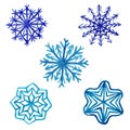 Set of five watercolor snowflakes