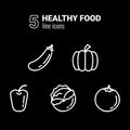 Set of five white outline Healthy Food icons, vegetable symbols, vector pictograms