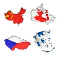 Set, Flags of China, Canada, Czech Republic, and Greece in the form of a map. Shadow. Isolated on white background