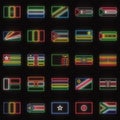 A set of 25 flags of different African countries, in neon style. On the background of a brick wall with a shadow.