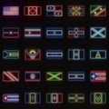 A set of 25 flags of different North American countries, in neon style. On the background of a brick wall with a shadow.