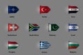 Set of flags in the form of a glossy textured label or bookmark. NATO Turkey Syria Switzerland SOUTH AFRICA Pakistan Israel
