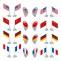 Set flags and GPS location symbol. USA, China, Germany and France. Royalty Free Stock Photo