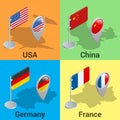 Set flags and GPS location symbol. USA, China, Germany and France Royalty Free Stock Photo